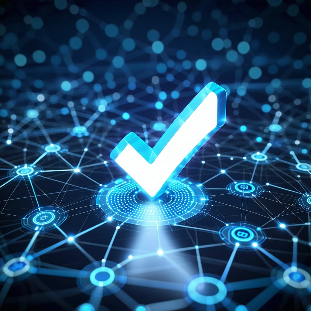 The glowing digital checkmark hovers above a meticulously designed network diagram its bright luminescence highlighting the interconnected nodes and pathways that represent various systems and protocols This visual cue symbolizes a dynamic proactive-1