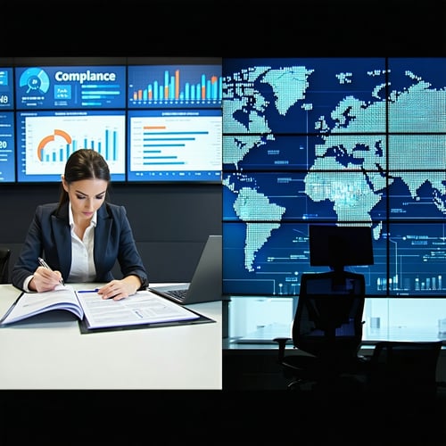 split image showing business person reviewing compliance documents on one side, security operations center with video screens on the other