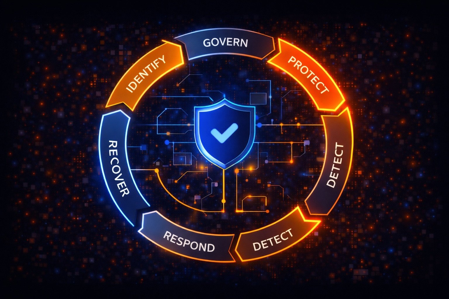 Cybersecurity workflow diagram with glowing shield