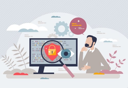 Cartoon figure of man examining computer security