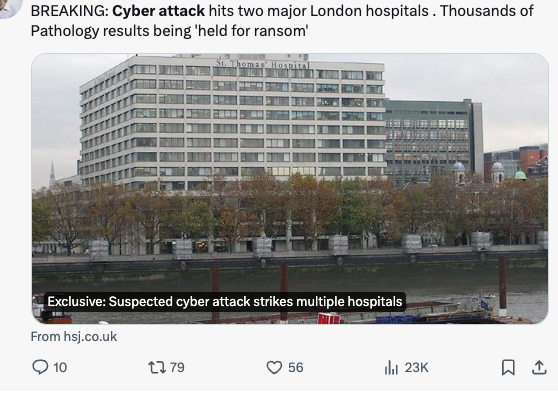 Twitter post screenshot of two London hospitals hit by a cyber attack