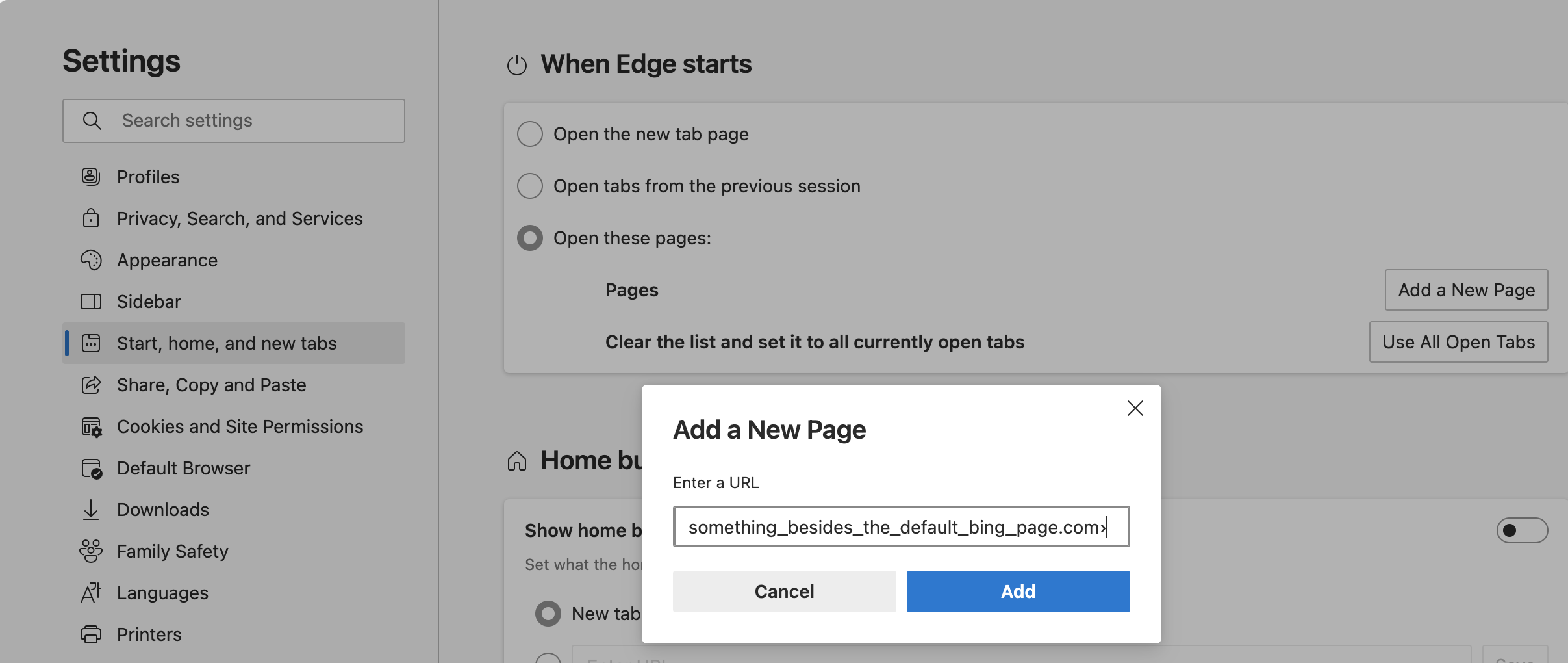 Microsoft Edge Settings page to change new page settings