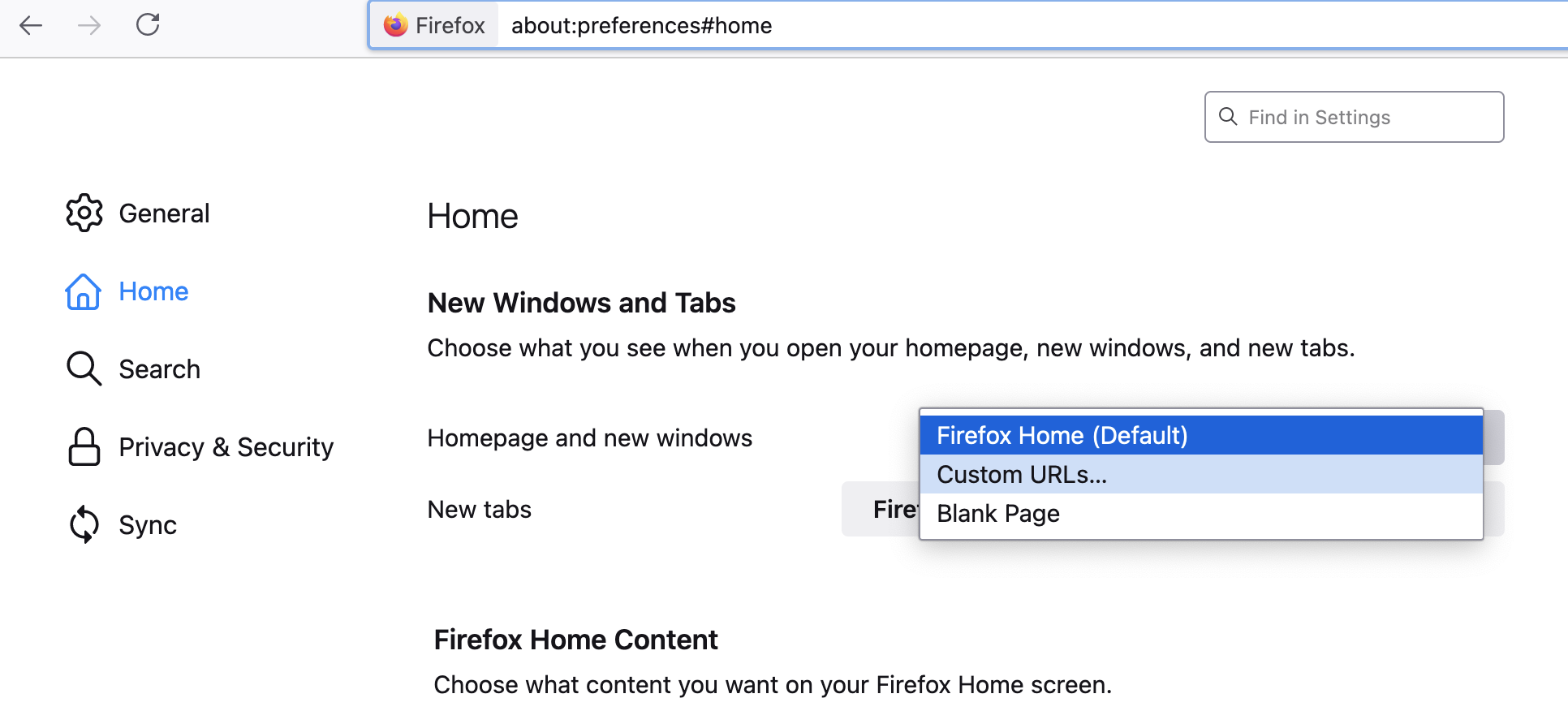 Firefox browser page settings to change home and new tab settings