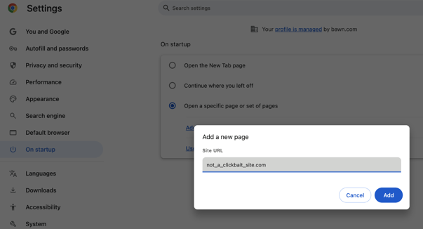 Chrome settings page to change home and new tab settings