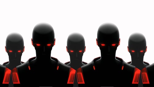 Army of dark cyborg robots with glowing red eyes