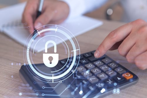 Accounting calculator with cyber lock overlay