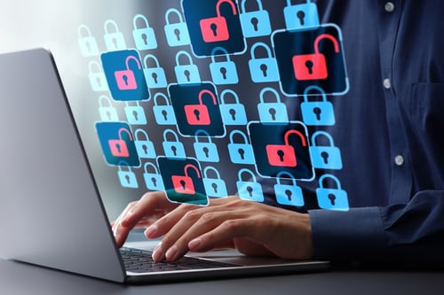 Series of blue and red logs graphic signifying penetration test