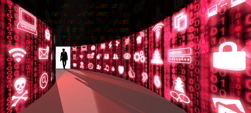 Outline of man walking through hallway of cyber attacks