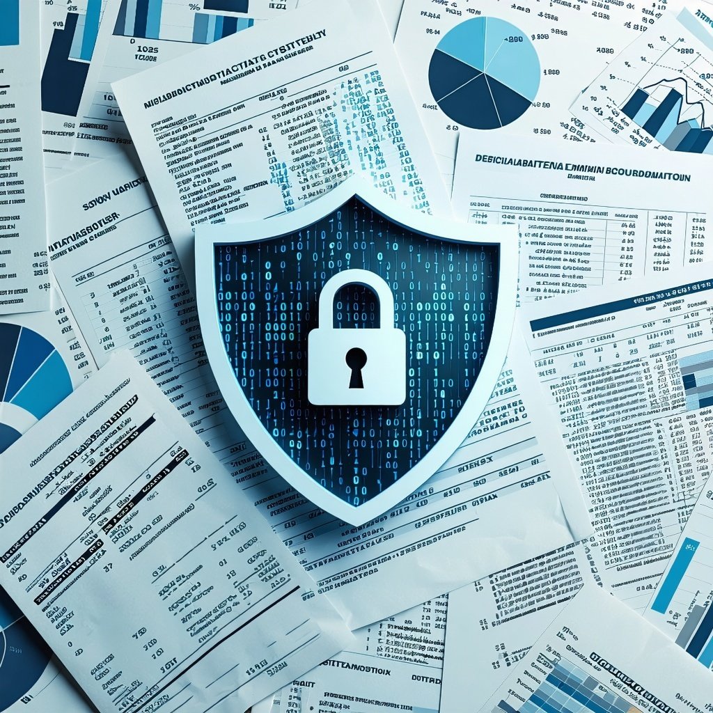 The image features a prominent locked shield icon symbolizing security and protection positioned centrally over a chaotic backdrop of financial documents and tax forms which are filled with numbers graphs and detailed personal information In the back-3