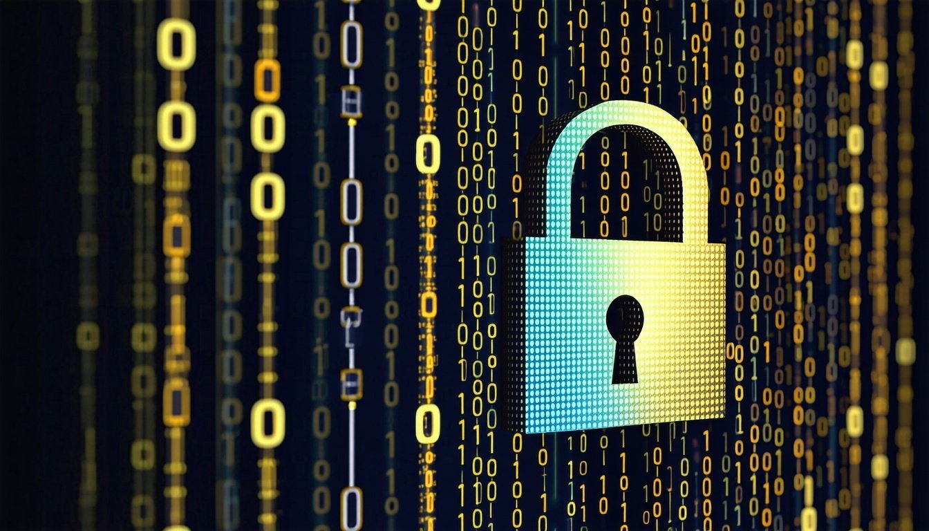 An image showing a lock and binary code, symbolizi