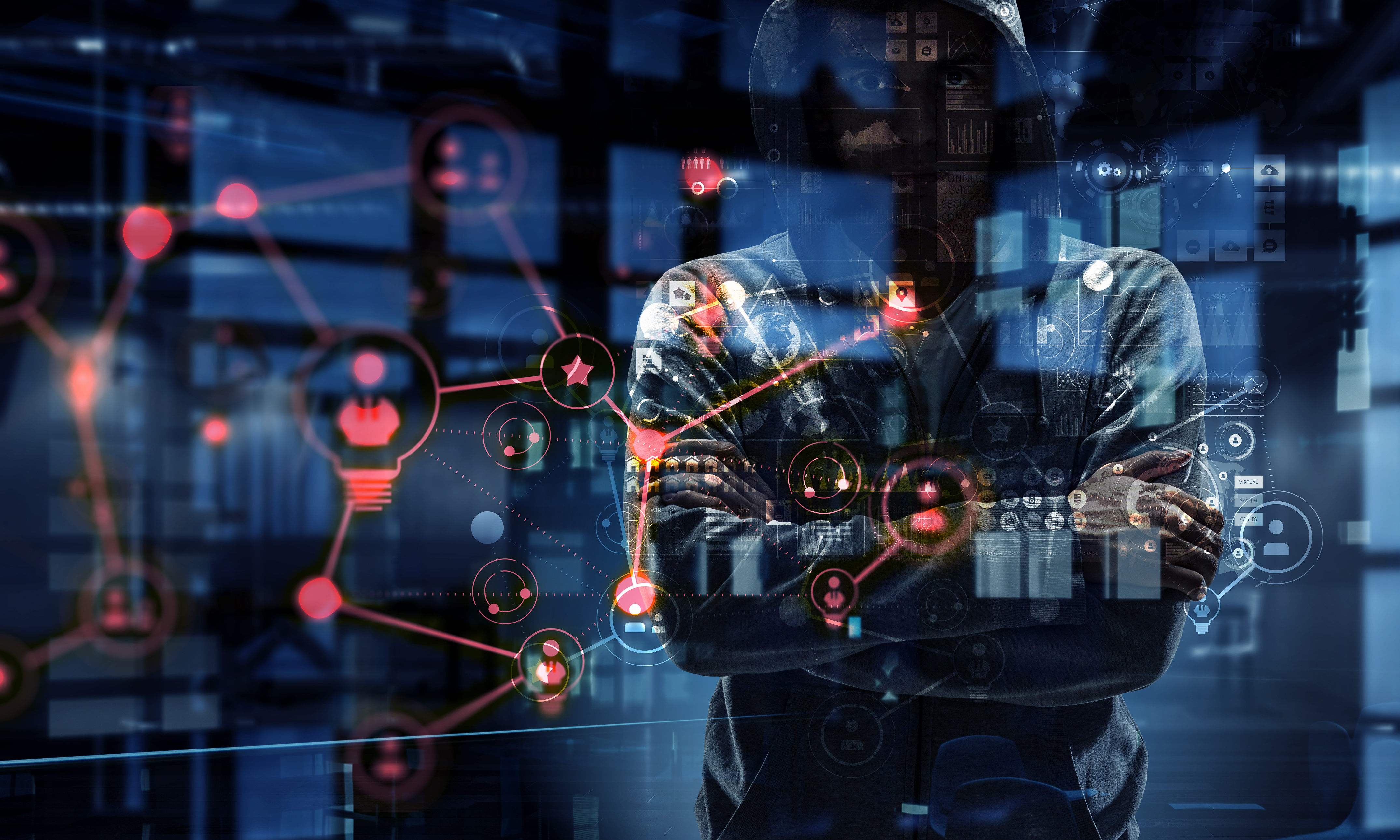 Abstract image of business person and computer links