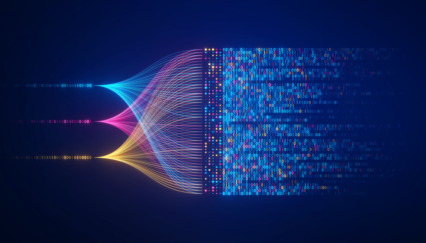 Image of data streams converging into 3 information channels