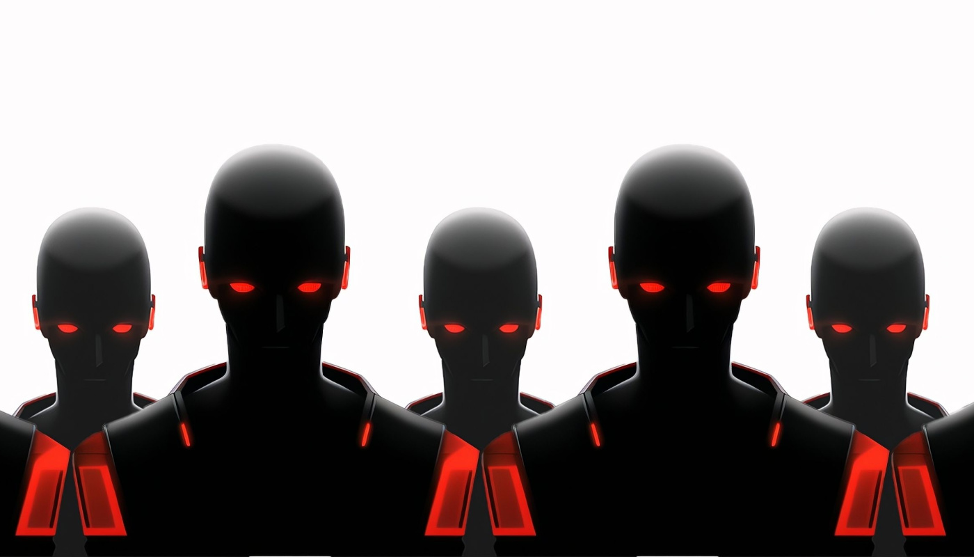 Army of dark cyborg robots with glowing red eyes