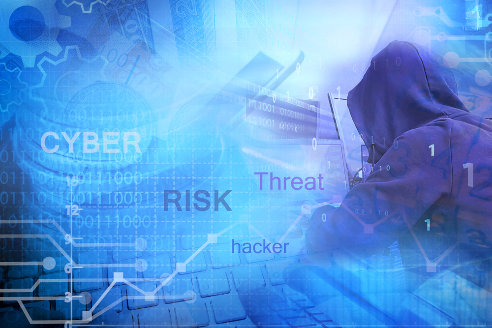 Cyber Risk Assessment with terms such as Risk, Threat, and Hacking on blue background