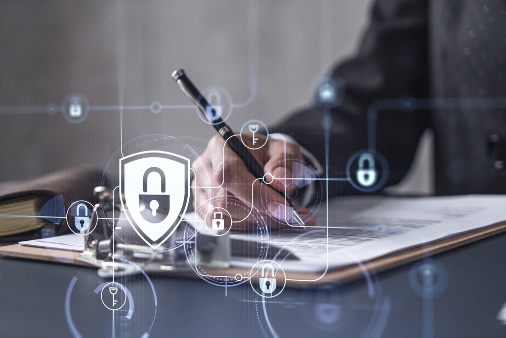 Clipboard with business documents and digital lock graphic